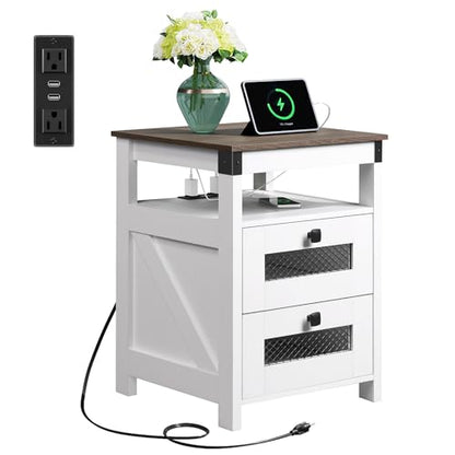 WLIVE Nightstand with Charging Station, Farmhouse End Table, Bed Side Table with 2 Storage Drawers and Open Shelf, Wood Rustic Nightstands for Bedroom, White - color: White, style: Farmhouse