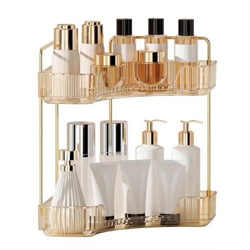 YCIA&DONE Corner Bathroom Counter Organizer, Makeup Organizer for Vanity, Skincare Cosmetic Perfume Tray, Corner Countertop Shelf Rack Storage for Bathroom Kitchen 2 Tiers (Amber Gold) - color: Yellow, size: 2-Tier