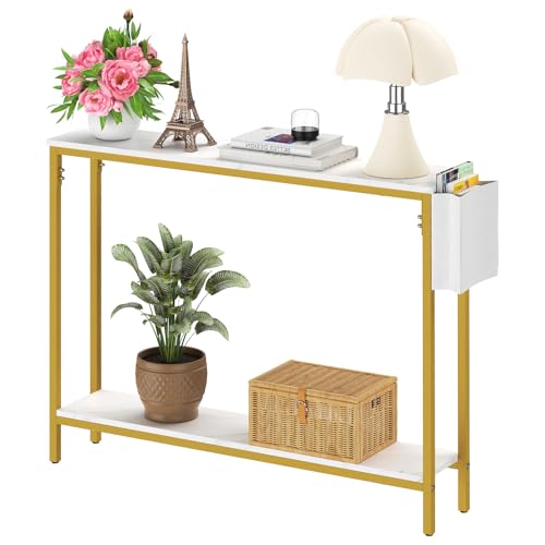 Bigbiglife 39.4" Console Entryway Table, 2-Tier Industrial Narrow Sofa Table with Storage Shelves for Hallway, Living Room, Bedroom, Foyer, Corridor, Office, Marble White and Gold - color: Marble White