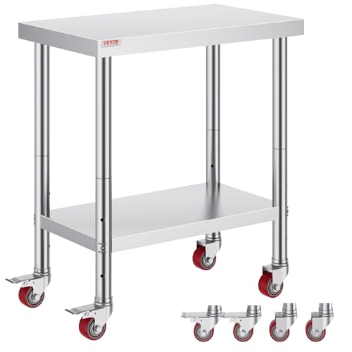 Mophorn 30x18x34 Inch Stainless Steel Work Table 3-Stage Adjustable Shelf with 4 Wheels Heavy Duty Commercial Food Prep Worktable with Brake for Kitchen Prep Work - size: 30*18*34In, style: With Caster