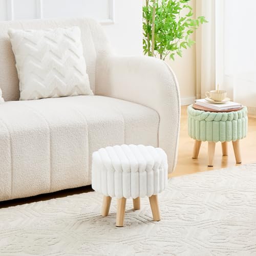 Wimarsbon Storage Ottoman, Modern Round Footrest with Soft Padded Seat, Teddy Velvet Footstool with Wood Legs, Accent Small Table or Plant Stand for Hallway, Living Room (White) - color: White