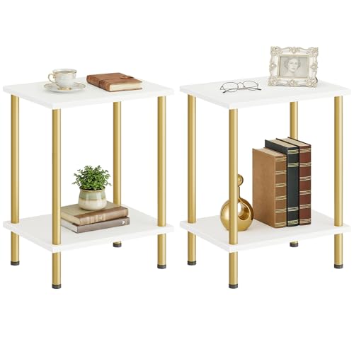 HOOBRO End Tables Set of 2, Small Side Table, Nightstand with 2-Layer Storage Shelves, Sofa Table for Small Spaces, Living Room, Bedroom, Stable Frame, Easy Assembly, White and Gold DW09BZP201 - color: White + Gold