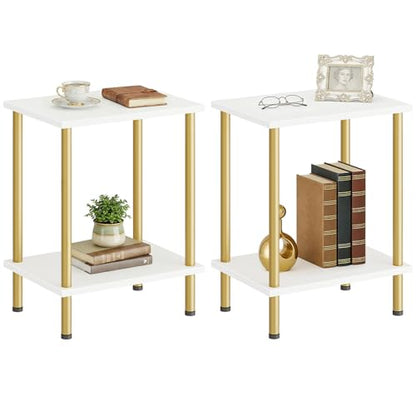 HOOBRO End Tables Set of 2, Small Side Table, Nightstand with 2-Layer Storage Shelves, Sofa Table for Small Spaces, Living Room, Bedroom, Stable Frame, Easy Assembly, White and Gold DW09BZP201 - color: White + Gold