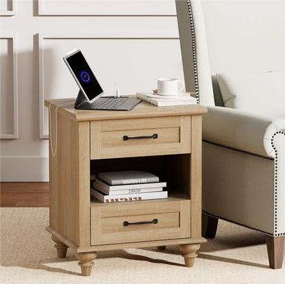 WAMPAT Farmhouse End Table Nightstand with Charging Station, Small Side Table with 2 Drawers for Living Room, Light Wood Night Stand Bedside Table for Bedroom, Oak - color: Oak