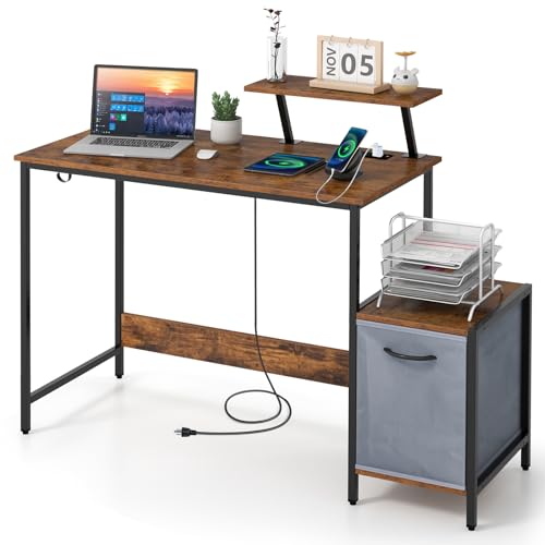 Giantex Computer Desk with Drawer and Power Outlet, Home Office Desk with Reversible Storage Drawer & Raised Shelf, Computer Workstation with Hook, Industrial Study Writing Desk for Study, Bedroom