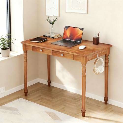 100% Solid Wood Desk with 2 Drawer, 39" Small Desk | Vintage Mid Century Modern Desk, Boho Writing Desk Computer Table for Home, Office, Bedroom, Living Room - color: Walnut, size: 39.4" x 21.7"