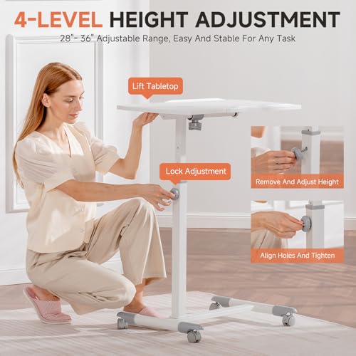 GTPLAYER Small Standing Desk, 28 Inches Tiltable Mobile Rolling Laptop PC Table with Lockable Casters, Adjustable Height Overbed Bedside Table Computer Workstation for Home Office, White-Tiltable - color: White-tiltable