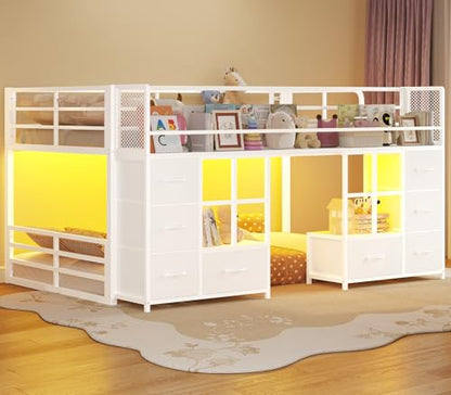 BTHFST Low Bunk Bed Twin Over Twin with 8 Fabric Drawers & Bookshelf, Twin Bunk Beds with RGB LED Lights, Windows, Metal Bunk Beds for Kids with Slanted Ladder & Safety Guardrails, Space Saving, White