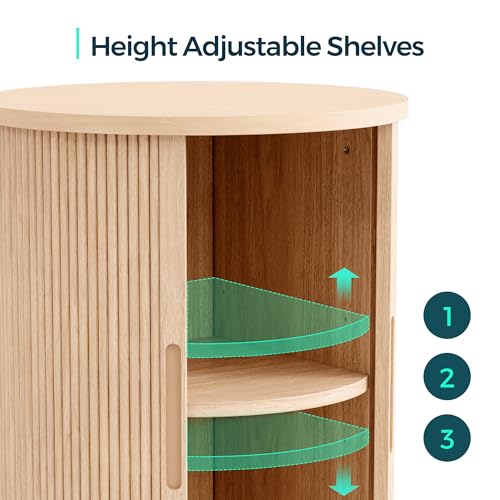 LINSY HOME Round Fluted End Table, Tall Side Table with Sliding Tambour Door and Storage Shelf, Modern Bedside Table, Mid-Century Nightstand for Living Room, Bedroom, Oak - color: Oak