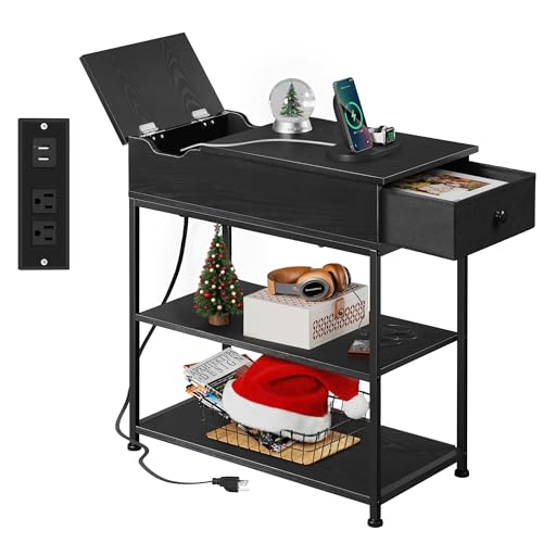 WLIVE Narrow Side Table with 2 USB Ports and 2 Outlets, Flip Top Black End Table with Drawer and Storage Shelves, Small Nightstand with Charging Station for Living Room/Bedroom - color: Black
