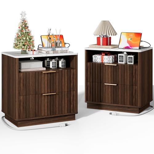 Fluted Nightstand, Night Stand Set 2, 23" Wide Walnut Nightstands Set of 2 with Charging Station & Faux Marble Top, 2 Drawer Large Wooden End Table, Bedside Table for Bedroom,Curved Corners - color: Walnut + Faux Marble Top, size: 2 Drawers（23"W）