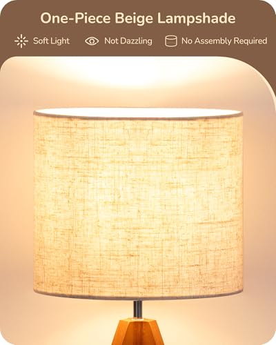 EDISHINE Tripod Table Lamp, Small Cute Bedside Lamp with Linen Beige Lampshade, Nightstand Lamp for Nursery, Bedroom, Kid Room, Living Room, Light Brown Wooden Base, E26 Socket, 14.2 Inch - color: Light Brown