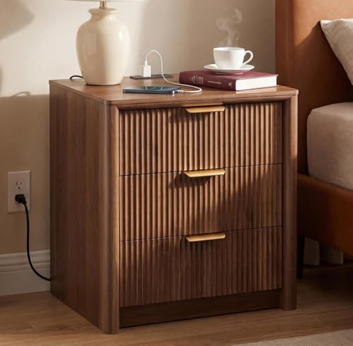 LYNCOHOME 23" Fluted Nightstand with Charging Station, 3 Drawer Bedside Table, Modern Night Stand with Curved Edge Design, Wooden End Table for Bedroom, Rounded Night Stand with Storage, Walnut, Brown - size: 15.7"D x 22.8"W x 24.2"H（3 Drawers）