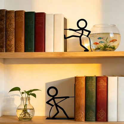 Metal Bookends People Book-end, Decorative Cute Book Ends for Shelves in Home Office Desk, Bookshelf Decor & Gift, Stable Storage (Tug War Black)