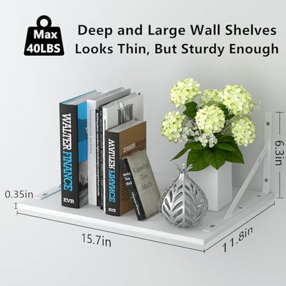 Deep Floating Wall Shelves - 4 Sets of 12 Inch Wide White Wood Shelves for Bathroom, Bedroom, Kitchen, Living Room - color: White Shelves