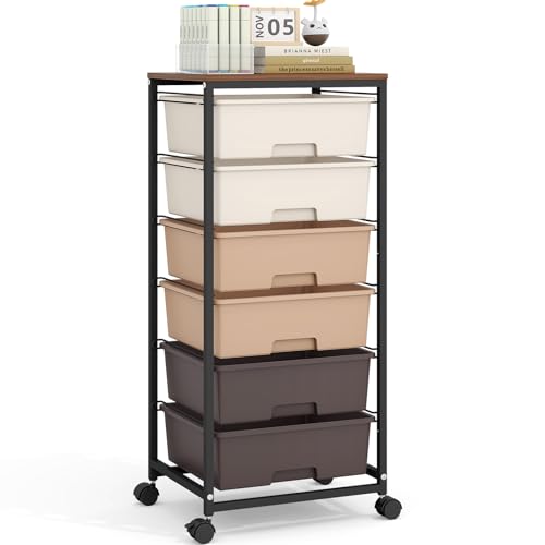 6 Drawer Rolling Storage Cart with Wooden Top and Wheels for Crafts,Brown | Easy Setup, Large Capacity, Sturdy Build, Lockable Mobility, For office, classroom and art studio supplies - color: Brown