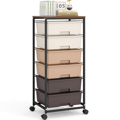 6 Drawer Rolling Storage Cart with Wooden Top and Wheels for Crafts,Brown | Easy Setup, Large Capacity, Sturdy Build, Lockable Mobility, For office, classroom and art studio supplies - color: Brown