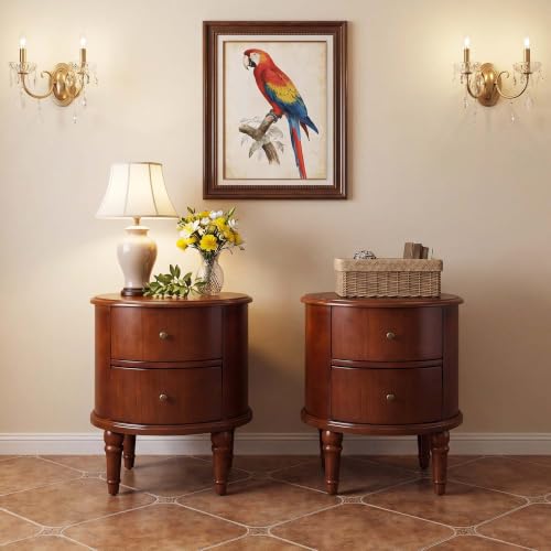Round End Side Table with 2 Storage Drawers Set of 2, Sofa Beside Tables for Living Room, No-Tools Assembly, Nightstand with Carved Wood Legs for Bedroom, 17.7" Dia x 20.1" H Honey Amber YBG-B5598-MG - style: Round End Table Set of 2