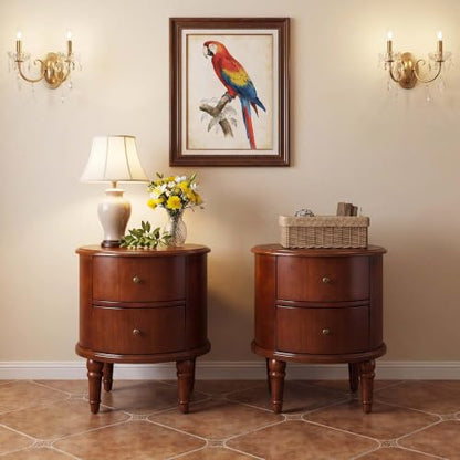 Round End Side Table with 2 Storage Drawers Set of 2, Sofa Beside Tables for Living Room, No-Tools Assembly, Nightstand with Carved Wood Legs for Bedroom, 17.7" Dia x 20.1" H Honey Amber YBG-B5598-MG - style: Round End Table Set of 2