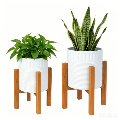 2-Piece White Metal Planter Set with Wood Stand, Indoor Mid Century Modern Planters with Drainage, 8" & 10"