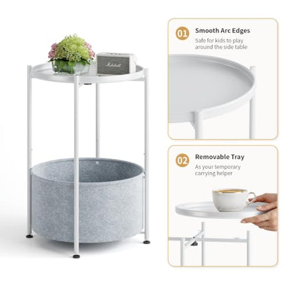 Small Round Side Table with Felt Storage Basket and Removable Tray | Accent Table, Metal End Table with Adjustable Feet, Side Table for Nursery, Bedroom, Living Room, Laundry Room, White - color: White