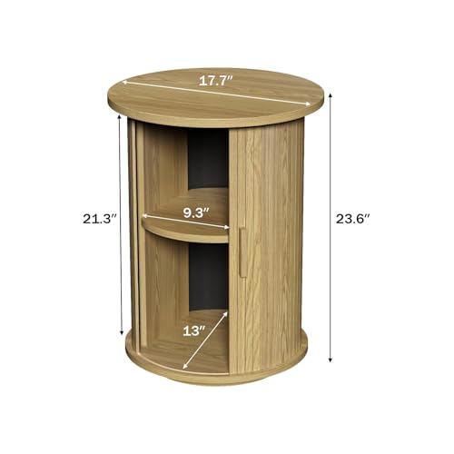 Wnutrees Round Fluted End Table, Small Accent Pedestal Side Table, Natural | Wood Nightstand with Sliding Door & 2 Tier Shelf, Bedside Unit for Living Room, Bedroom - color: Natural