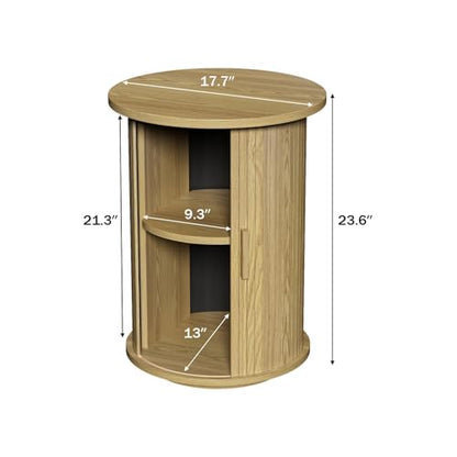 Wnutrees Round Fluted End Table, Small Accent Pedestal Side Table, Natural | Wood Nightstand with Sliding Door & 2 Tier Shelf, Bedside Unit for Living Room, Bedroom - color: Natural