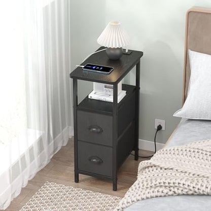 sthmec Narrow End Table with Charging Station, Narrow Side Table with 2 Fabric Drawers, Slim Nightstand, Skinny Bedside Table, Small Side Table for Small Spaces, Living Room, Bedroom, Black - color: Black, size: 7.87'' W x 15.75'' D x 24.37'' H, style: Po