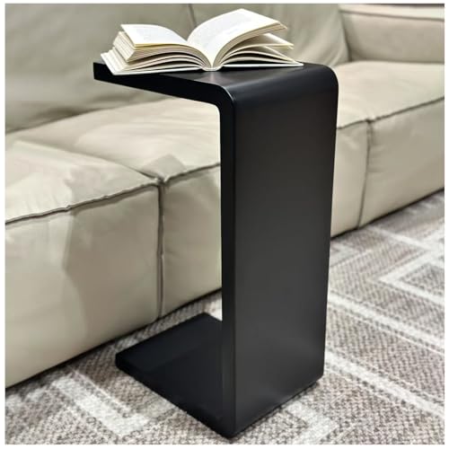 H24.4in C Shaped End Table, Black Solid Wood Sofa Side Table for Couch/ Bed/Living Room, Space-Saving Small Snack Table for Bedroom, Office, or Balcony, Wooden Nightstand for Laptop and Narrow Spaces - color: H 24.4″ - Black, size: 1