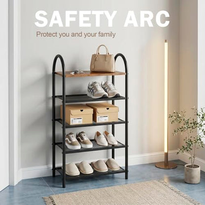 Shoe Rack Organizer for Entryway Closet,Tall Narrow Shoe Shelf Wood | 5-Tier, Free Standing, Rustic Wooden Top, Arched Metal Frame, Sturdy Mesh Shelves, Space-Saving, 17.32" x 10.24" x 31.89" - size: 17.32" X 10.24" X 31.89"