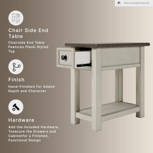 Signature Design by Ashley Bolanburg Narrow End Table, Charging Station | Slim 14-inch profile with USB charging, Wood, White oak veneers and engineered wood, Farmhouse style for small living rooms - color: Dark Brown & White
