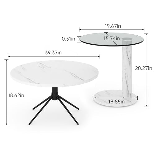 Hooseng Set of 2 Round Coffee Tables, Faux Marble Top and Modern Tempered Transparent Glass Top,Perfect for Living Room,Cafe,Home,and Office(Coffee Table+Side Table) - color: Coffee Table+side Table