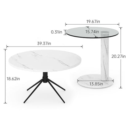 Hooseng Set of 2 Round Coffee Tables, Faux Marble Top and Modern Tempered Transparent Glass Top,Perfect for Living Room,Cafe,Home,and Office(Coffee Table+Side Table) - color: Coffee Table+side Table