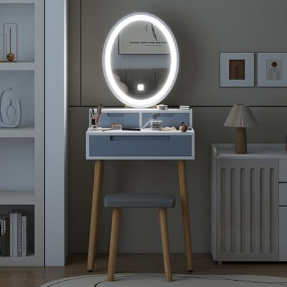 YOURLITE Small Makeup Vanity Desk with Lights, Compact Vanity Desk with Adjustable Brightness Mirror for Small Spaces, Dressing Table with Drawers and Storage Shelves, Grey - size: 24", style: Oval Mirror Grey with shelf