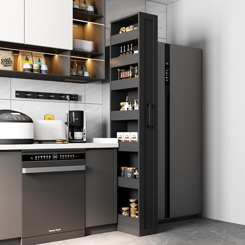 Slim Storage Cart Black Pull-Out Spice Rack Next to Fridge,Narrow Storage Cabinet with Open Self, Wood Unit Storage Rack with Handle Wheels for Narrow Spaces,7 Tier - size: 1