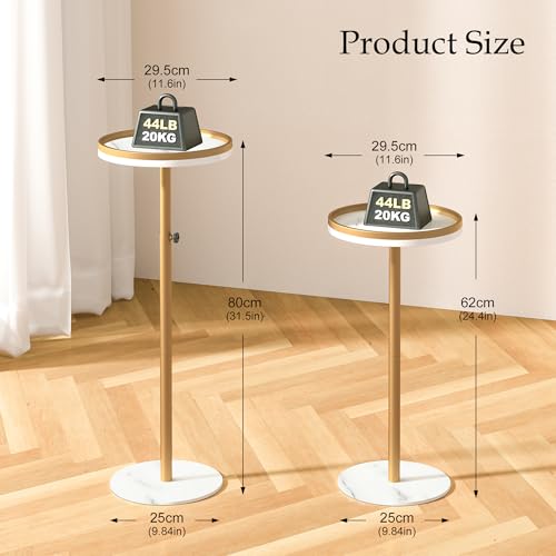 Height Adjustable Small Drink Table for Small Spaces,Martini Table, Weighted Base Pedestal Table for Living Room, Bedroom, Bathroom,Gold - color: Gold + White