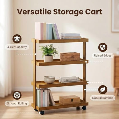 4-Tier Narrow Side Table with Wheels, Solid Wood Slim Rolling Storage Cart, Skinny End Table for Small Spaces, Moving Utility Shelf Organizer for Living Room, Bedroom, Kitchen, Bathroom