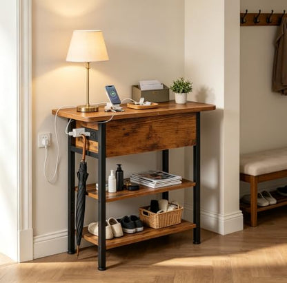 WLIVE 3-Tier End Table with Charging Station, Flip Top Narrow Side Table with Storage Shelf, Small Nightstand with USB Ports and Outlets,Bedside Table for Living Room, Bedroom - color: Rustic Brown