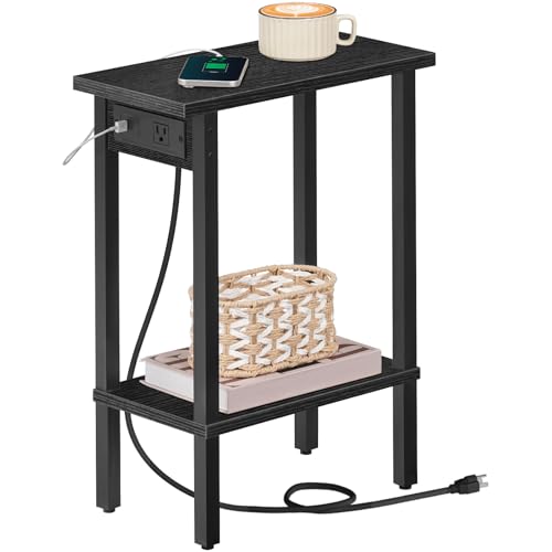 HOOBRO Small End Table with Charging Station, Narrow Side Table with USB Port and Outlets, Skinny Sofa Table, Slim Nightstand, Living Room, Bedroom, Black BK240UBZ01 - color: Black, size: 7.9"L x 15.7"W x 22.6"H