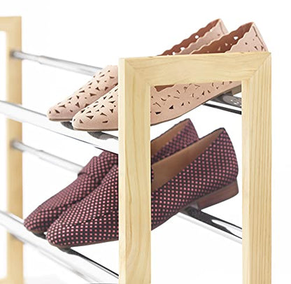 Whitmor 3 Tier Expandable Shoe Rack -Stackable - Natural Wood and Chrome - color: Wood & Chrome
