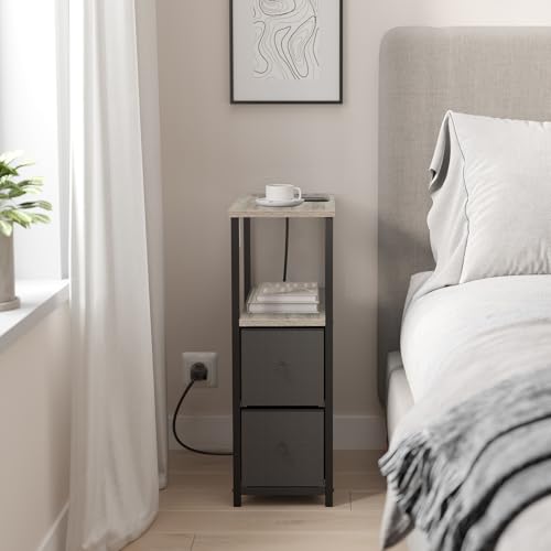 TUTOTAK Small Narrow LED End Table with Charging Station, Side Table Outlets, Nightstand with 2 Cloth Drawers, Set of 2, Couch Table, for Living Room, Bedroom, Bedside, Greige TB01BG056 - color: Greige, style: 2 Drawers with Plug & Light