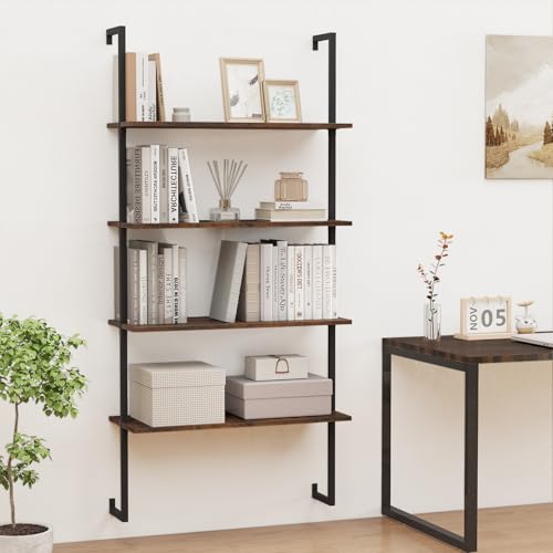 Giantex 4 Tier Modern Wall Mounted Bookshelf Rustic Brown, 64" Industrial Wood Bookcase with Metal Frame, Display Storage Rack Organizer, Ladder Shelf Bookcase for Living Room, Kitchen
