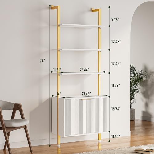 INNOD 74" Tall Bookshelf with Storage Cabinet, Modern Ladder Shelf with Wood and Metal Frame, Wall Mount Bookcase Open Display Shelf Furniture for Living Room, Bedroom, Home Office, Gold - color: White & Gold