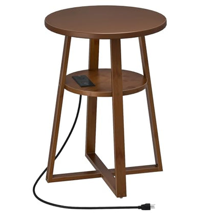 HOOBRO Round Side Table with Charging Station, Round Accent End Table with Bamboo Legs for Living Room, Bedroom, Brown, BR101UBZ01 - color: Brown