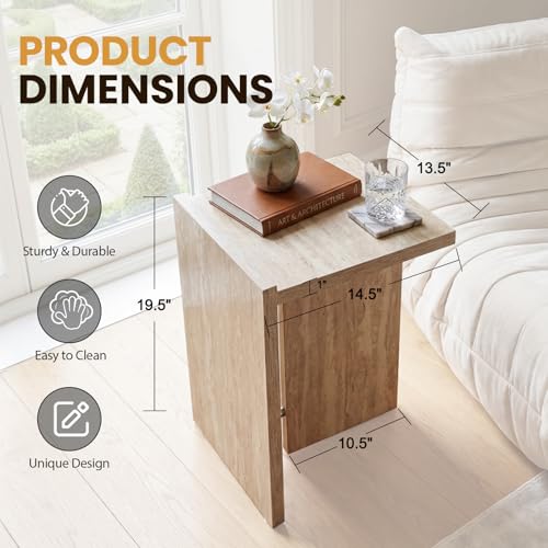 Modern End Table with Faux Travertine Finish Top, Natural Beige Wood Side Table, Space-Saving Sofa Table, Small Accent Nightstand Table for Living Room, Bedroom, Small Apartment Space - color: Beige