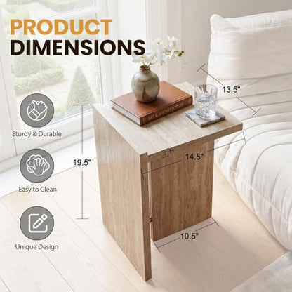 Modern End Table with Faux Travertine Finish Top, Natural Beige Wood Side Table, Space-Saving Sofa Table, Small Accent Nightstand Table for Living Room, Bedroom, Small Apartment Space - color: Beige