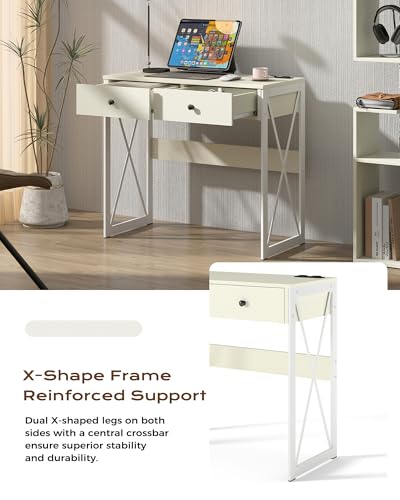 Manora Compact Computer Desk with Power Outlets, 2 Drawers, and Metal Frame, 31.5" Small Desk for Home Office, Study, or Makeup Area, White