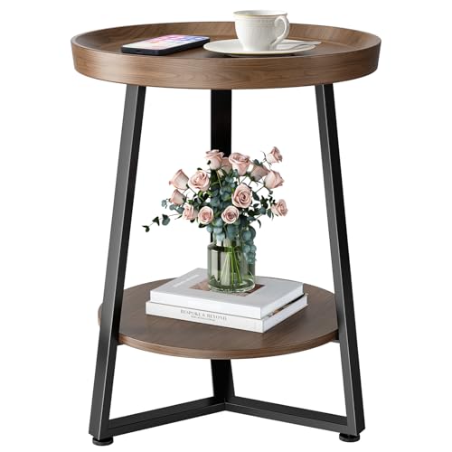 Round End Table, 2-Tier Tray Top Side Tables with Storage Shelf, Ultra Stable Coffee end Table/Nightstand, Modern Farmhouse Couch Table for Living Room, Bedroom, Bedside Stand or Small Spaces, Walnut - color: Walnut Wood, size: 1 Pcs