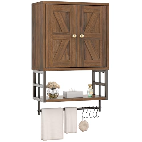 Bathroom Wall Cabinet, Farmhouse Medicine Storage with Towel Bar, Walnut | 2 Doors & Adjustable Shelves 5 Hooks, 3-Tier for Over-Toilet, Laundry, Living, Bedroom, Kitchen, Space Saving - color: Walnut, size: 15.79" L
