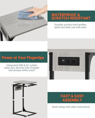 C-Shaped Side Table for Couch - Small Coffee Stand Sofa Tray Desk with Metal Frame Waterproof Scratch Resistant Wood Top and Built-in Charging Station, Greige - color: Greige, size: 1-Pack, style: Includes Power Outlets